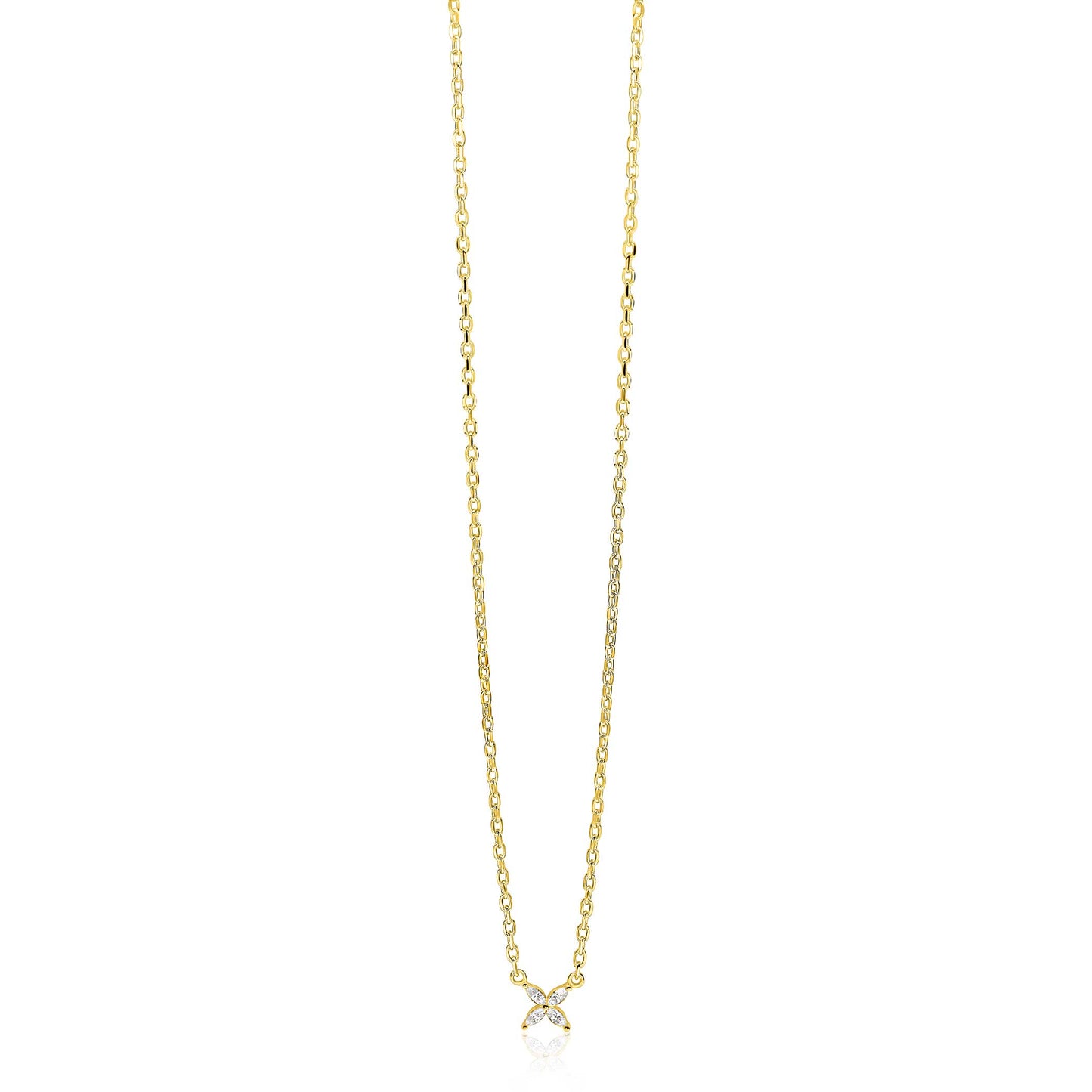 ZINZI gold plated zilveren ketting met bloem bezet met vier druppelvormige witte zirconia's 42-45cm