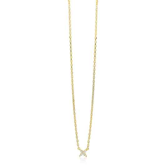 ZINZI gold plated zilveren ketting met bloem bezet met vier druppelvormige witte zirconia's 42-45cm