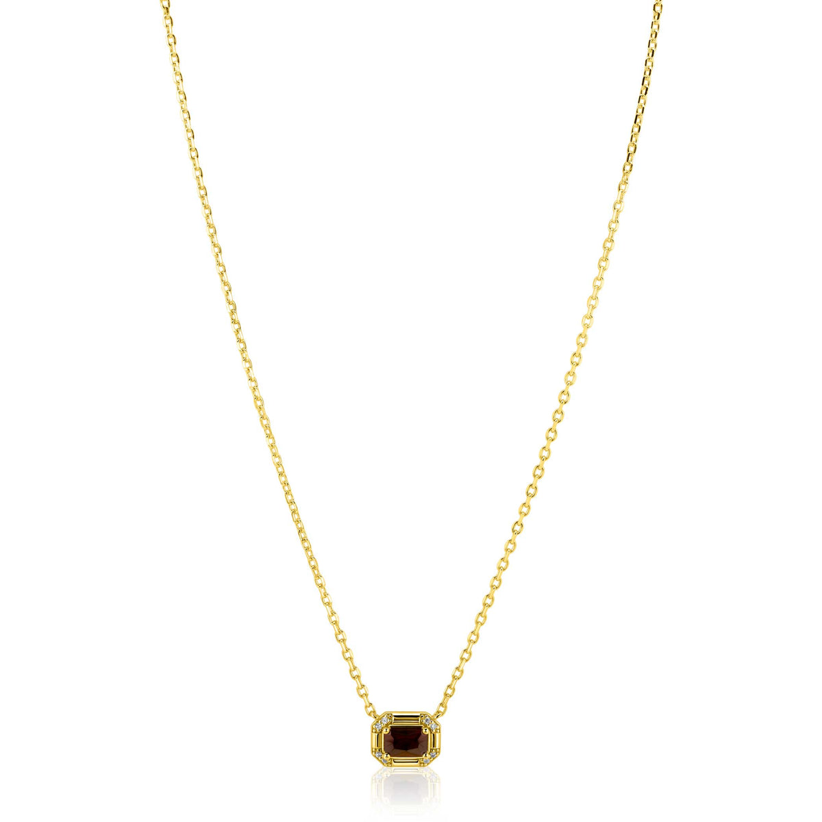 ZINZI goldplated zilveren ketting 45cm met achthoekige hanger bruine kleursteen