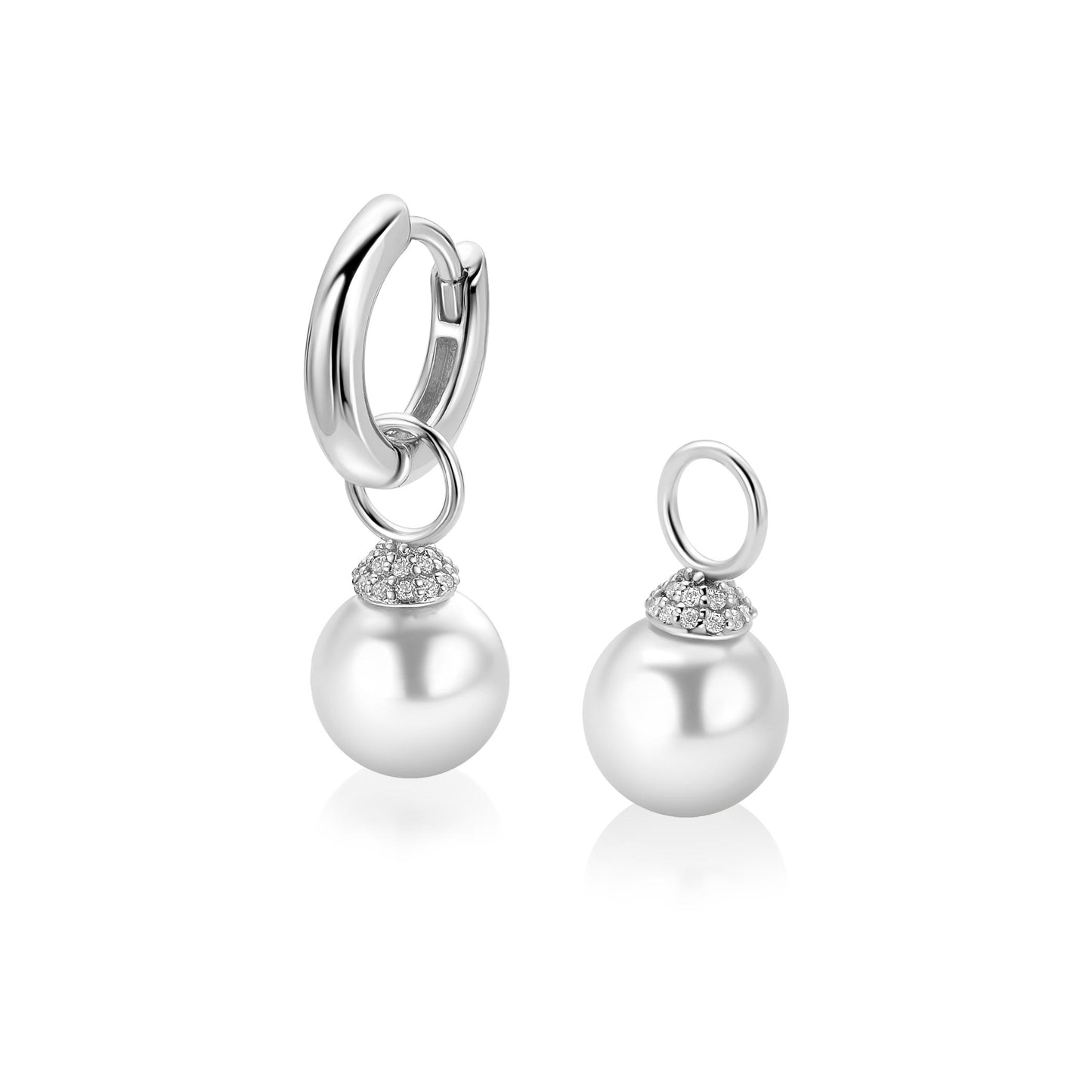 8mm ZINZI zilveren oorbedels met ronde witte parel en pavé gezette top met witte zirkonia’s (zonder oorringen)