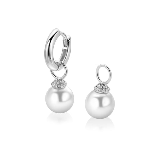 8mm ZINZI zilveren oorbedels met ronde witte parel en pavé gezette top met witte zirkonia’s (zonder oorringen)