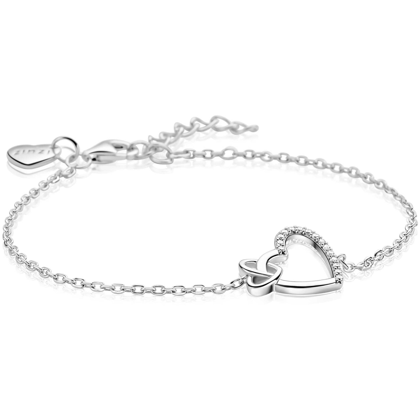 ZINZI zilveren armband met twee sierlijke harten die met elkaar verbonden zijn, ook bezet met witte zirkonia's 17-20cm
