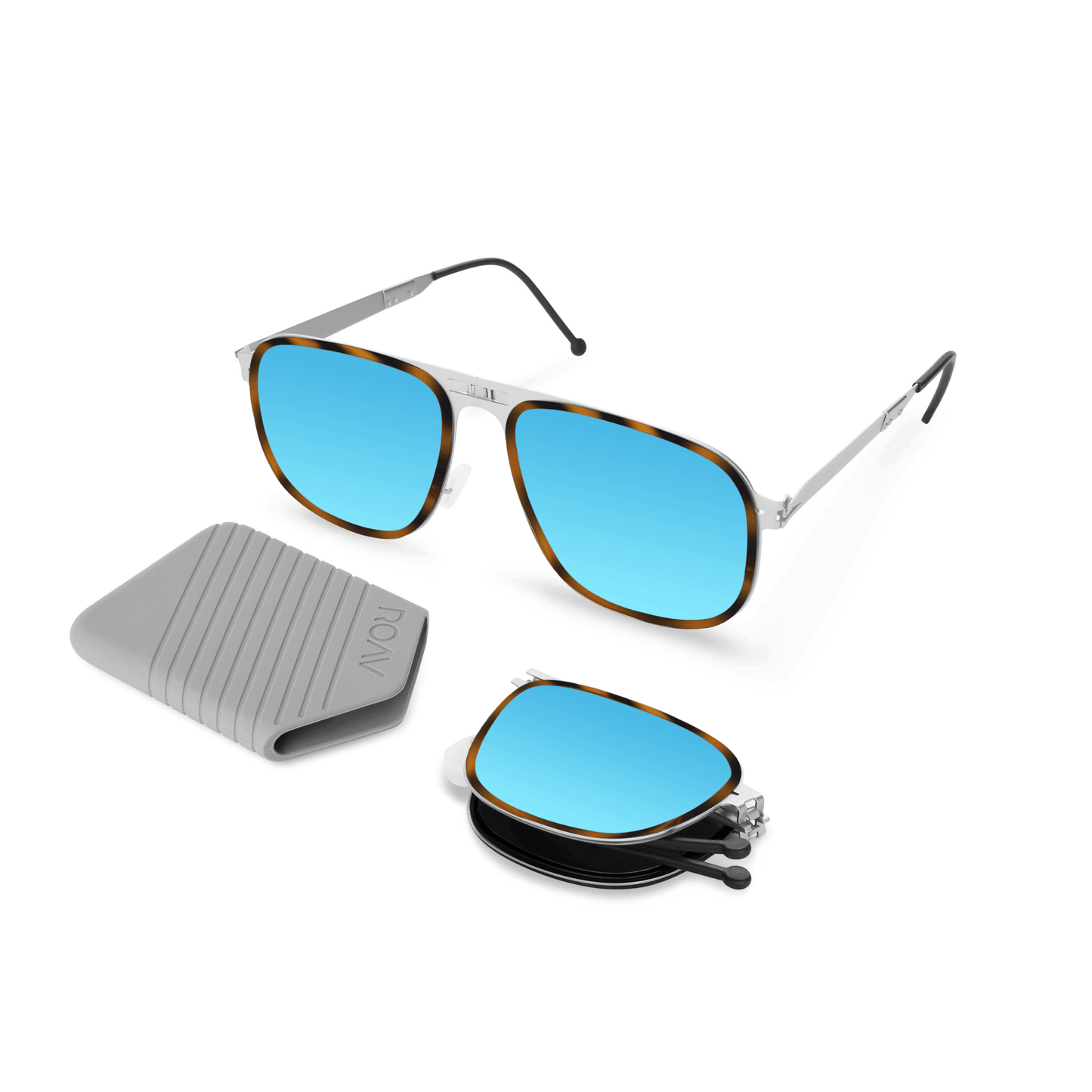 ROAV Boxer 8302- Brush Silver -  Demi Brown Inlay - Blue Mirror
