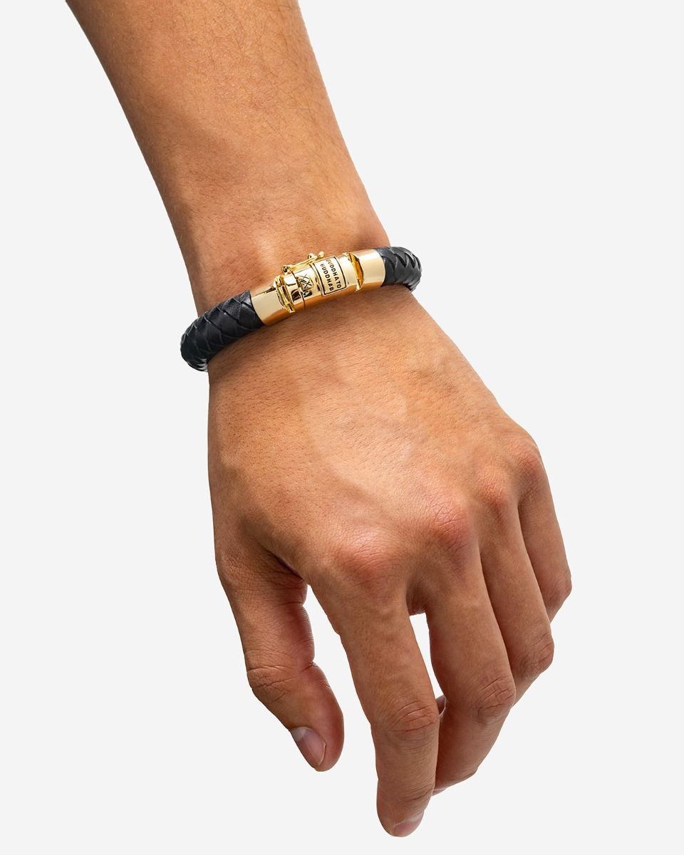 BUDDHA TO BUDDHA BEN ARMBAND LEER VERGULD ZWART