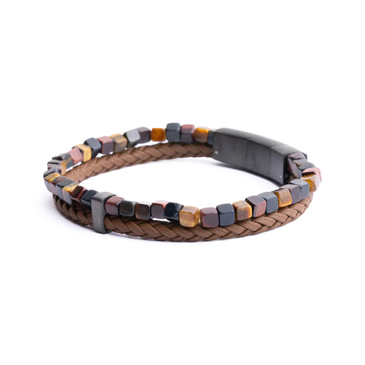 GEMINi DUBBELEN ARMBAND MET NAPA LEDER EN 3 SOORTEN TIJGEROOG