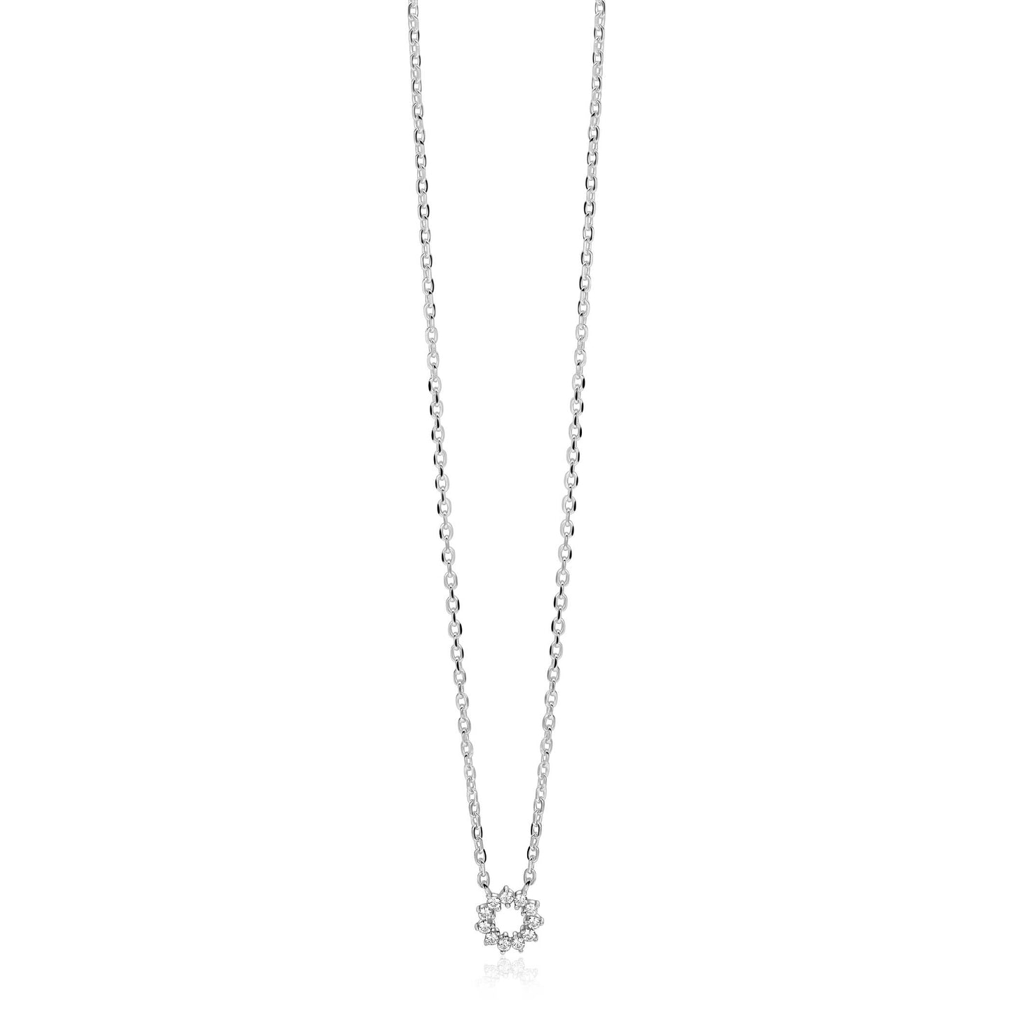 ZINZI zilveren ketting met ronde hanger (8mm) bezet met witte zirkonia’s in verfijnde chatonzetting 42-45cm