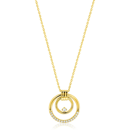 ZINZI goldplated zilveren ketting 45cm met elegante dubbele ronde hanger (24mm) speels bezet met witte zirkonia's