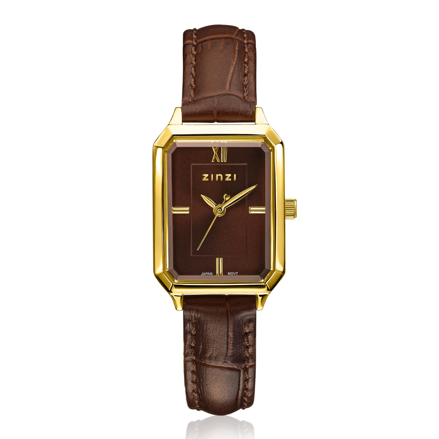 ZINZI Allure horloge 30mm achthoekige kast, bruine wijzerplaat, geelgoudkleurige kast en leren band, Japans uurwerk ZIW2536B