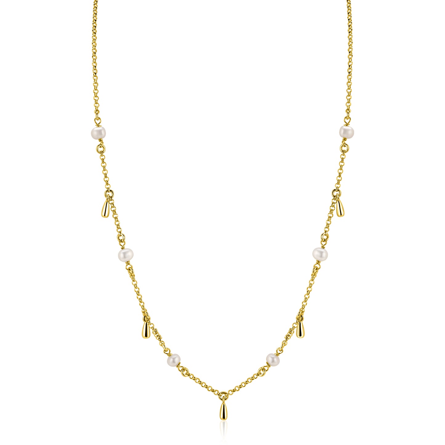 ZINZI gold plated zilveren ketting met witte zoetwaterparels en druppeltjes 42-45cm