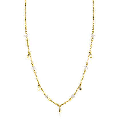 ZINZI gold plated zilveren ketting met witte zoetwaterparels en druppeltjes 42-45cm