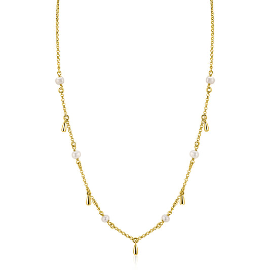 ZINZI gold plated zilveren ketting met witte zoetwaterparels en druppeltjes 42-45cm