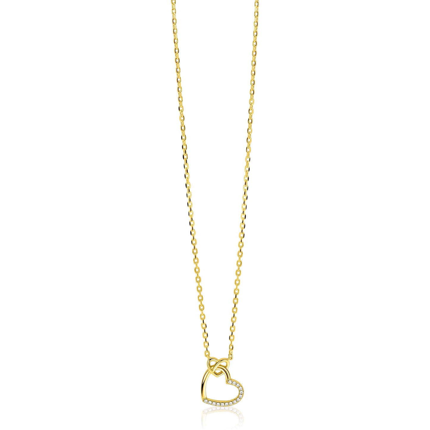 ZINZI gold plated zilveren ketting met twee sierlijke harten die met elkaar verbonden zijn, ook bezet met witte zirkonia's 42-45cm