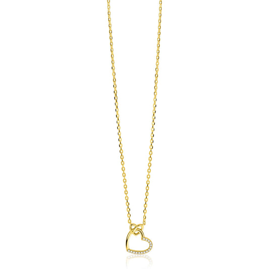 ZINZI gold plated zilveren ketting met twee sierlijke harten die met elkaar verbonden zijn, ook bezet met witte zirkonia's 42-45cm