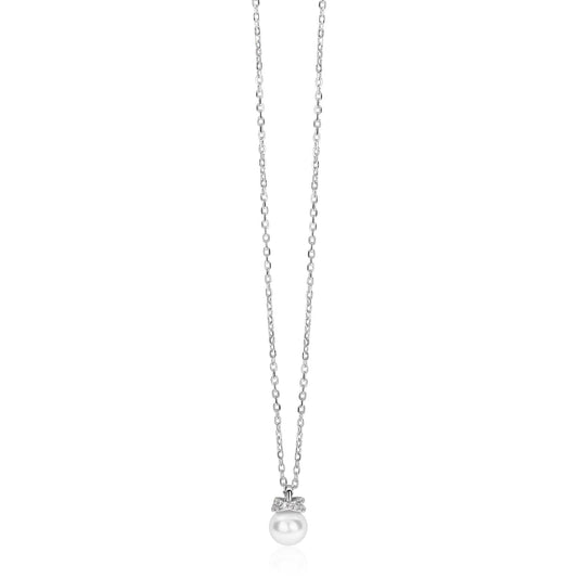 ZINZI zilveren ketting met een witte parelhanger (12mm) en een strikvormige zetting bezet met witte zirkonia’s 42-45cm