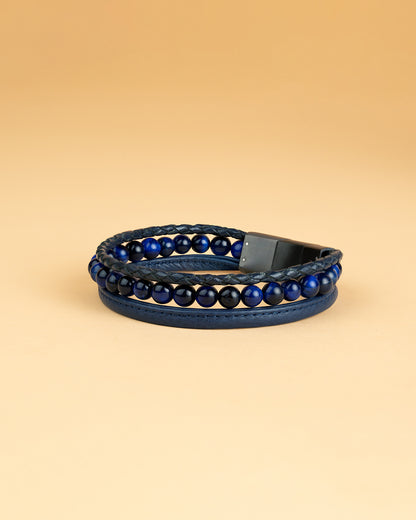 GEMENI TRIPLE BLAUW ARMBAND NAPPA LEDER MET TIJGEROOG STEEN