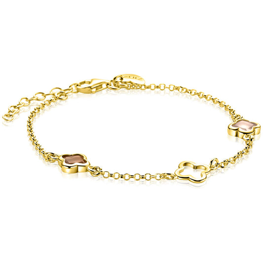 ZINZI gold plated zilveren armband met drie klavervormige zettingen met bruine kleurstenen