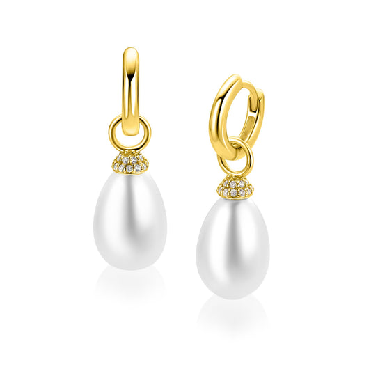 18mm ZINZI goldplated zilveren oorbedels met ovaalvormige witte parel en pavé gezette top met witte zirkonia’s (zonder oorringen)