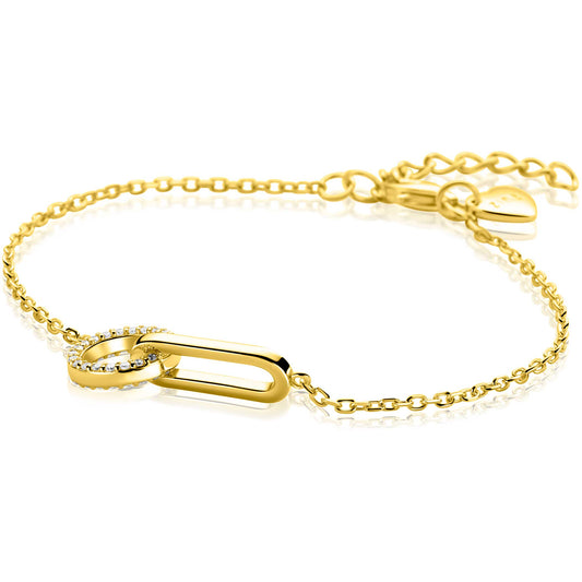 ZINZI goldplated zilveren schakelarmband met twee verbonden schakels, bezet met witte zirkonia's