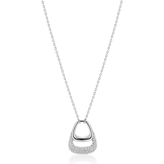 ZINZI zilveren ketting 45cm met stijlvolle dubbele hanger, bezet met witte zirconia's