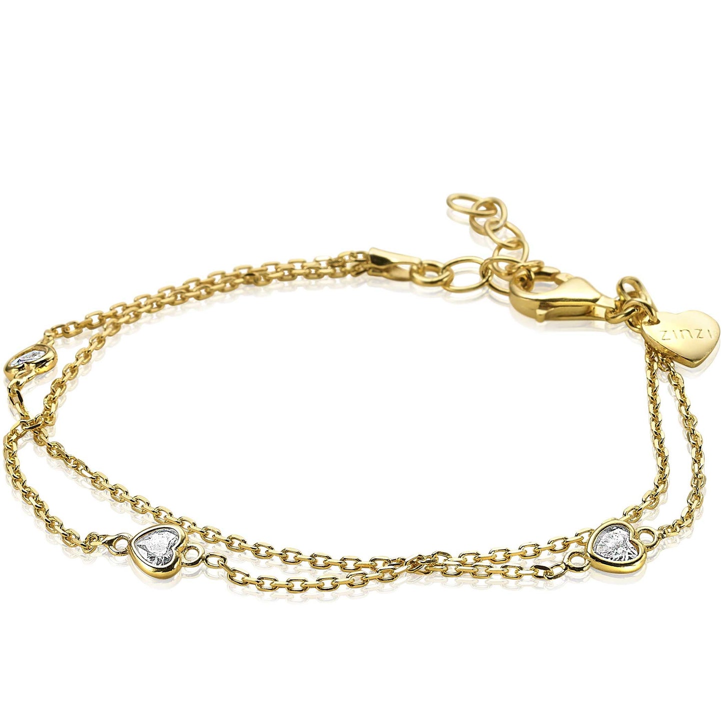 ZINZI ARMBAND GOLD PLATED DUBBEL HARTJES ZIRCONIA