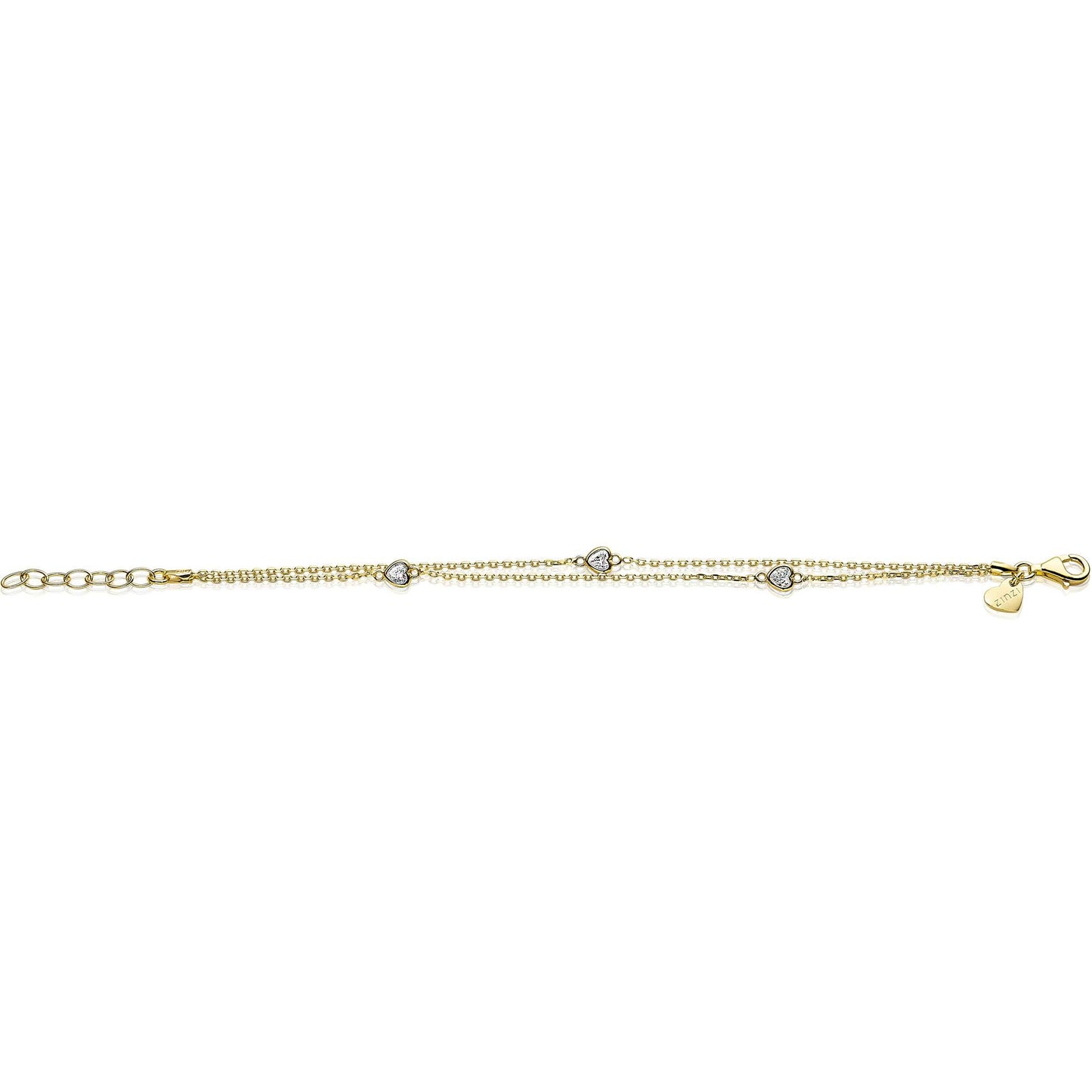 ZINZI ARMBAND GOLD PLATED DUBBEL HARTJES ZIRCONIA