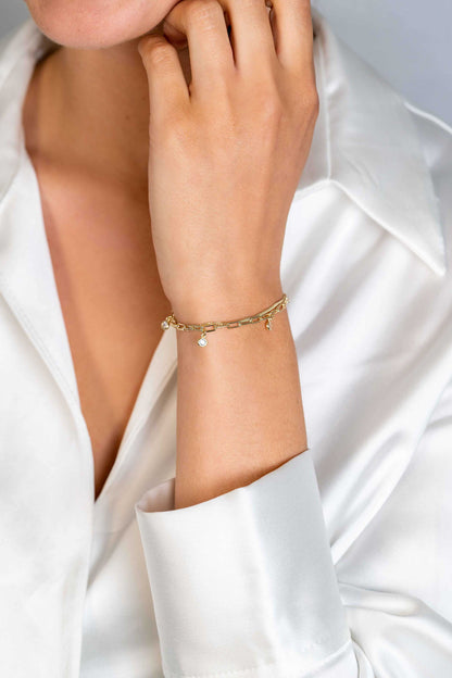 ZINZI ARMBAND GOLD PLATED GOURMET EN PAPERCLIPS ZIRCONIA HANGERS