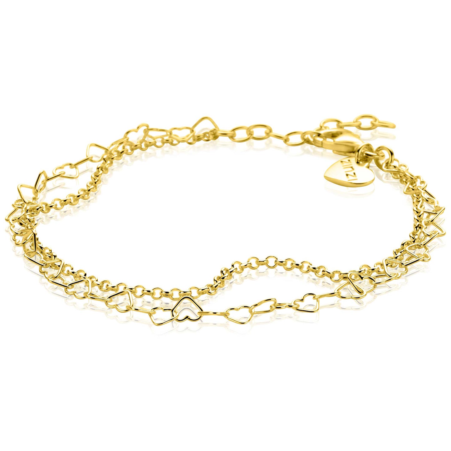 ZINZI gold plated zilveren dubbele armband met open hartjes schakels