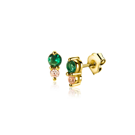 ZINZI gold plated zilveren oorknoppen ronde chatonzettingen diepgroene en champagne kleurstenen