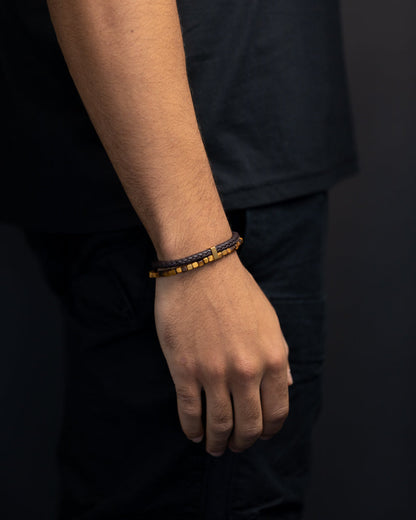 GEMINI Double Brown bracelet with Italian leather and 4mm Tiger Eye stone