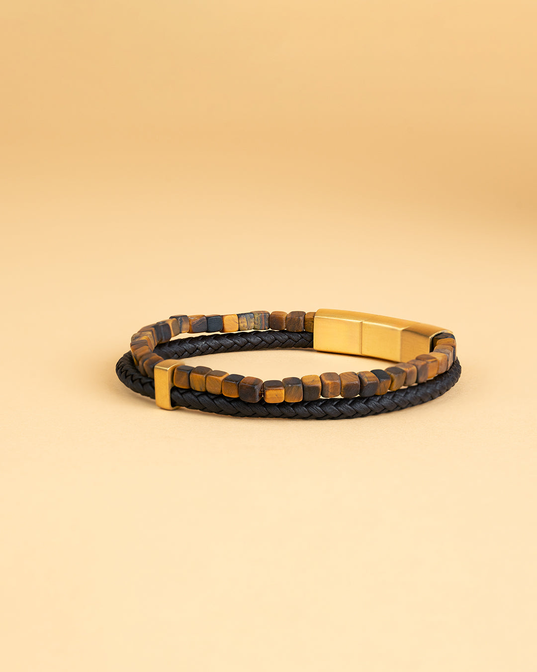 GEMINI Double Brown bracelet with Italian leather and 4mm Tiger Eye stone