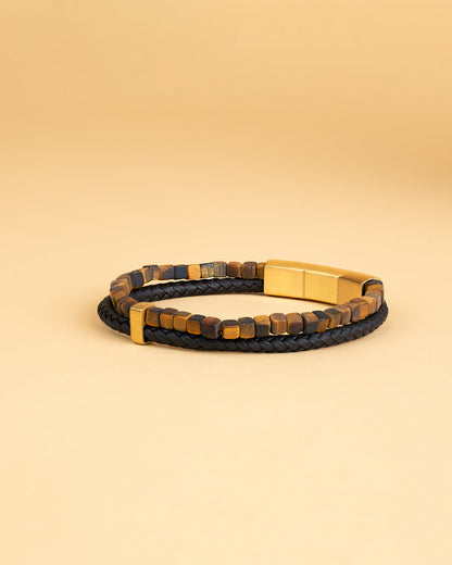 GEMINI Double Brown bracelet with Italian leather and 4mm Tiger Eye stone