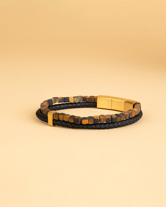 GEMINI Double Brown bracelet with Italian leather and 4mm Tiger Eye stone