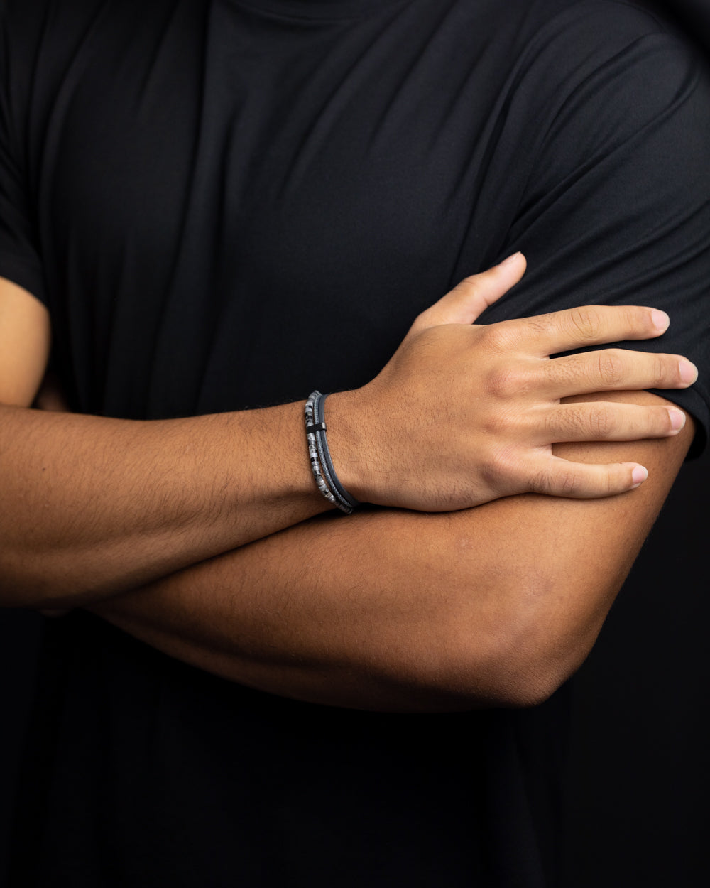 GEMINI Double Grey bracelet with Italian leather and 4mm Larvikite stone