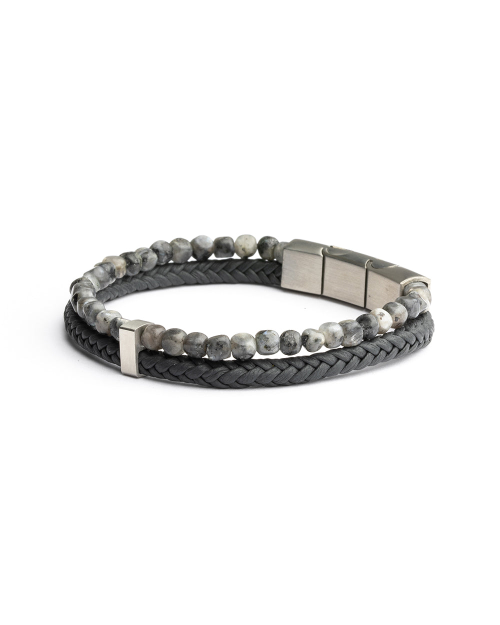 GEMINI Double Grey bracelet with Italian leather and 4mm Larvikite stone