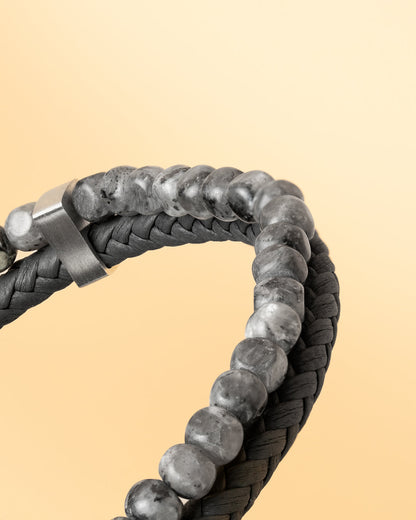 GEMINI Double Grey bracelet with Italian leather and 4mm Larvikite stone