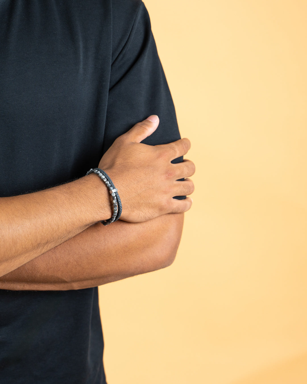 GEMINI Double Grey bracelet with Italian leather and 4mm Larvikite stone