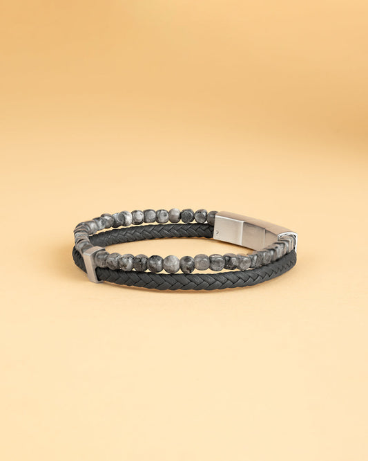 GEMINI Double Grey bracelet with Italian leather and 4mm Larvikite stone