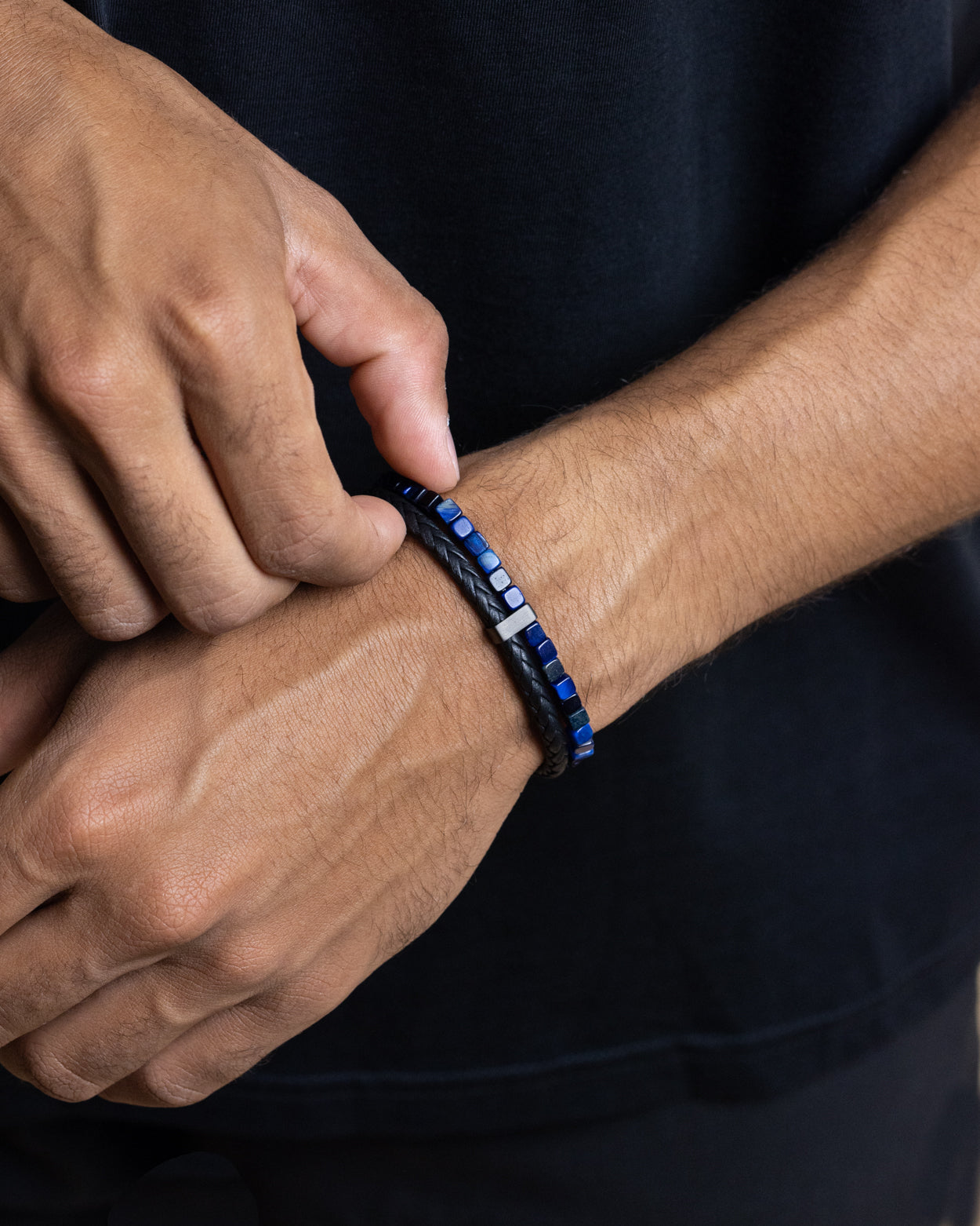GEMINI Double bracelet with black Italian leather and blue Tiger Eye stone