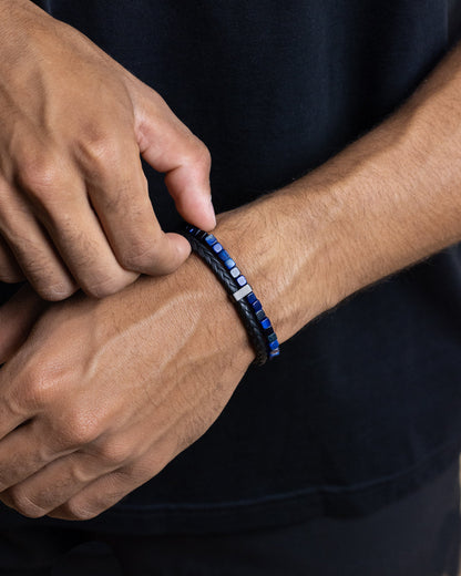 GEMINI Double bracelet with black Italian leather and blue Tiger Eye stone