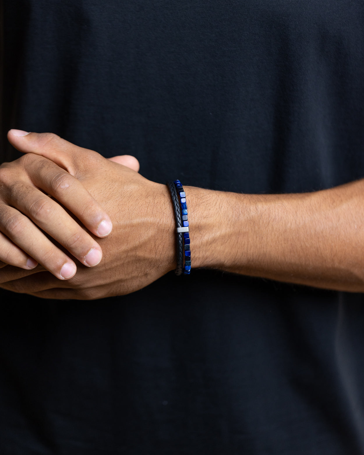 GEMINI Double bracelet with black Italian leather and blue Tiger Eye stone