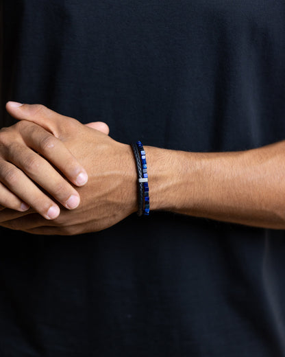 GEMINI Double bracelet with black Italian leather and blue Tiger Eye stone
