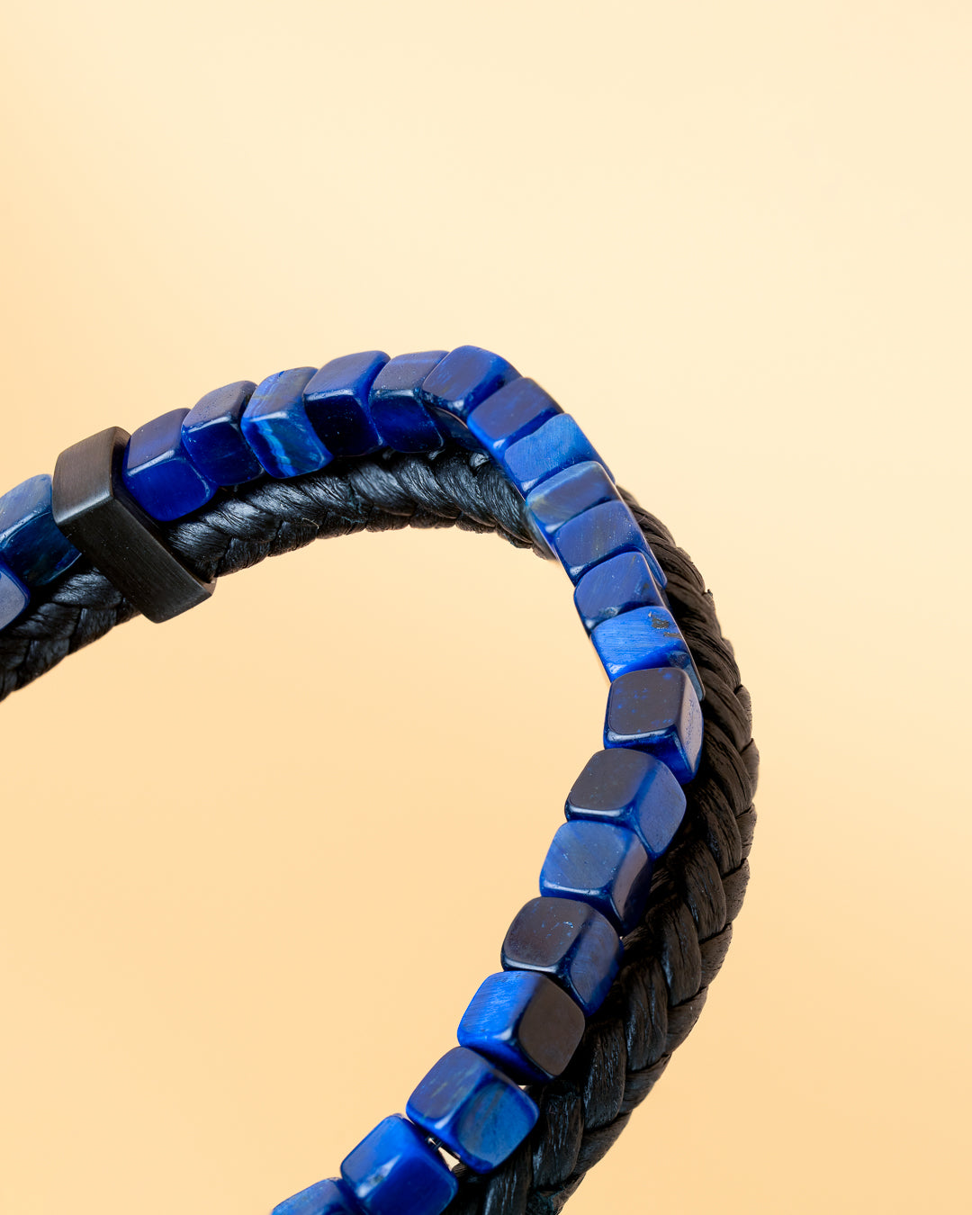 GEMINI Double bracelet with black Italian leather and blue Tiger Eye stone