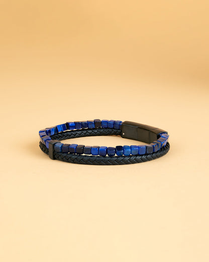 GEMINI Double bracelet with black Italian leather and blue Tiger Eye stone