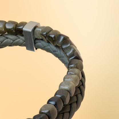 GEMINI Double Green bracelet with green Italian leather and Obsidian stone