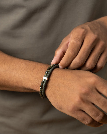 GEMINI Double Green bracelet with green Italian leather and Obsidian stone