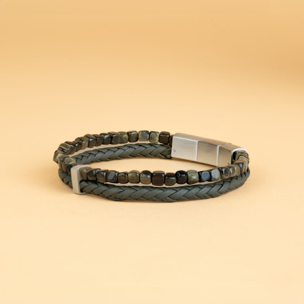 GEMINI Double Green bracelet with green Italian leather and Obsidian stone