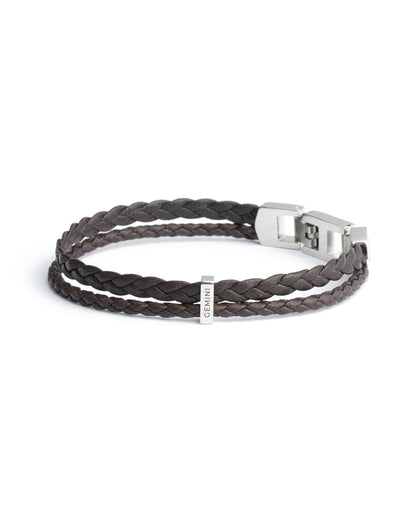 GEMINI DUO Dark brown Italian nappa leather bracelet with silverplated finish