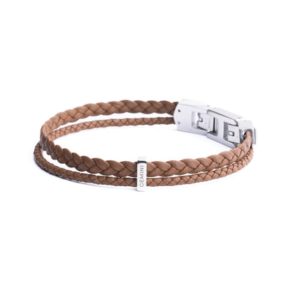 GEMINI Duo Light Brown Italian nappa leather bracelet with silverplated finish