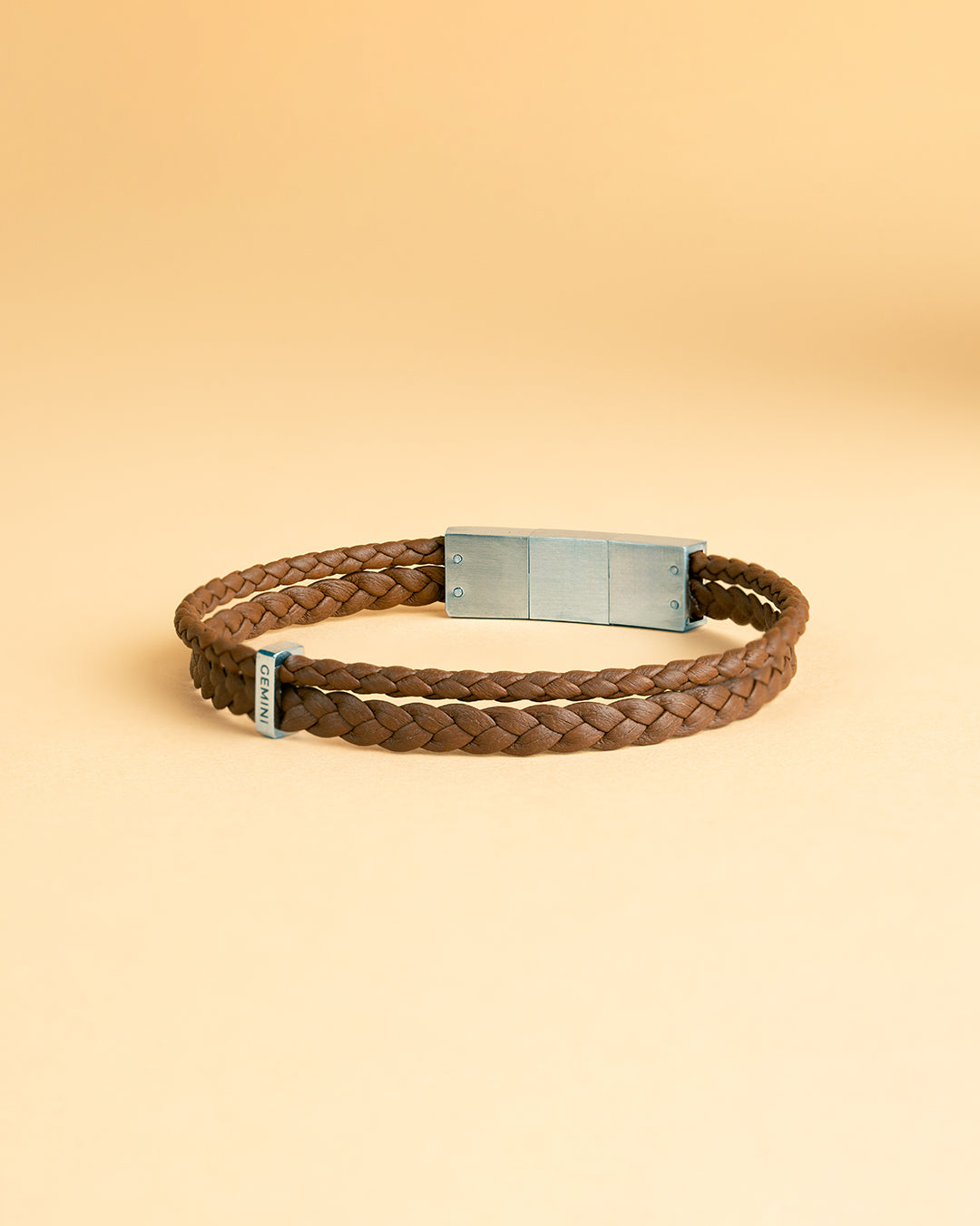 GEMINI Duo Light Brown Italian nappa leather bracelet with silverplated finish
