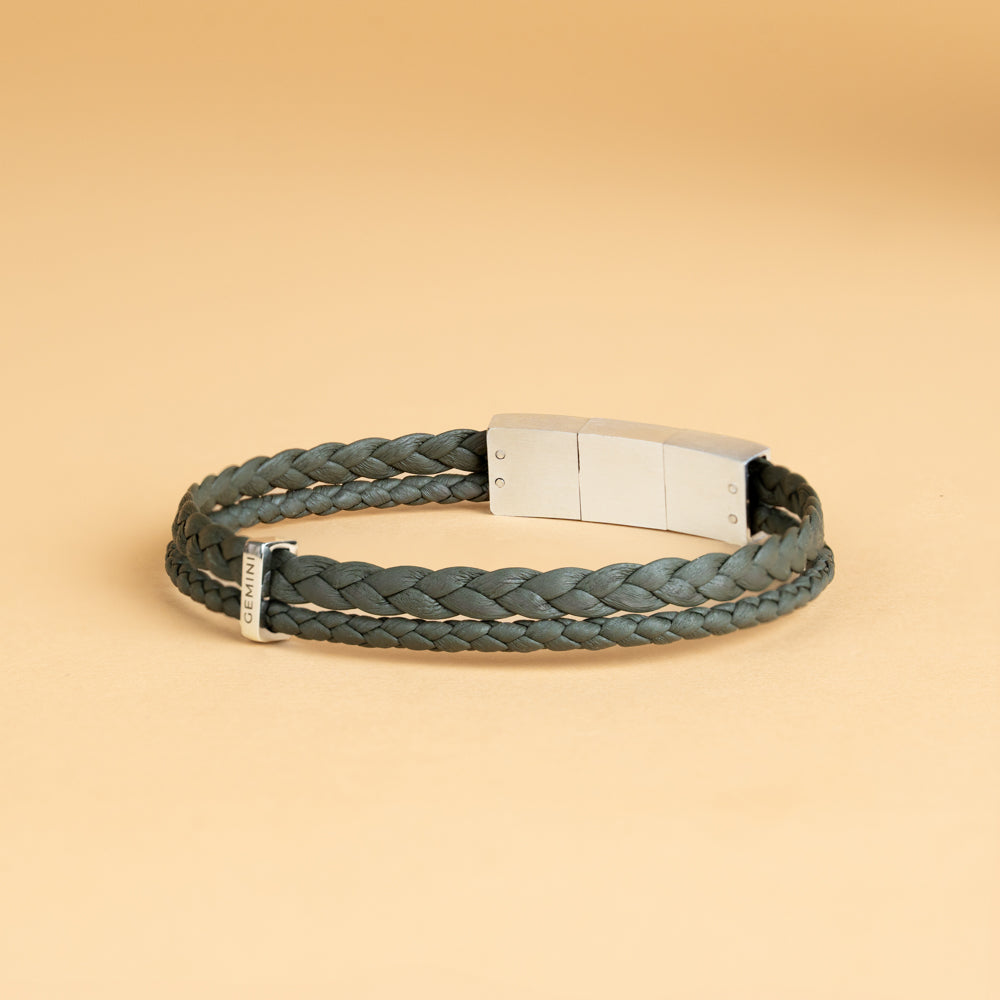 GEMINI Duo Green Italian nappa leather bracelet with silverplated finish